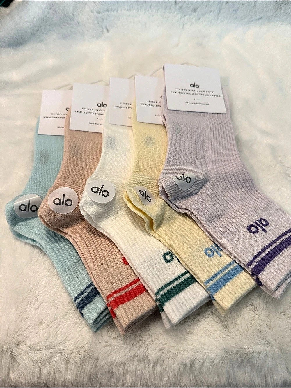 alo Unisex Half-Crew Sock 5-Pair Striped Socks in Blue & Pink NWT